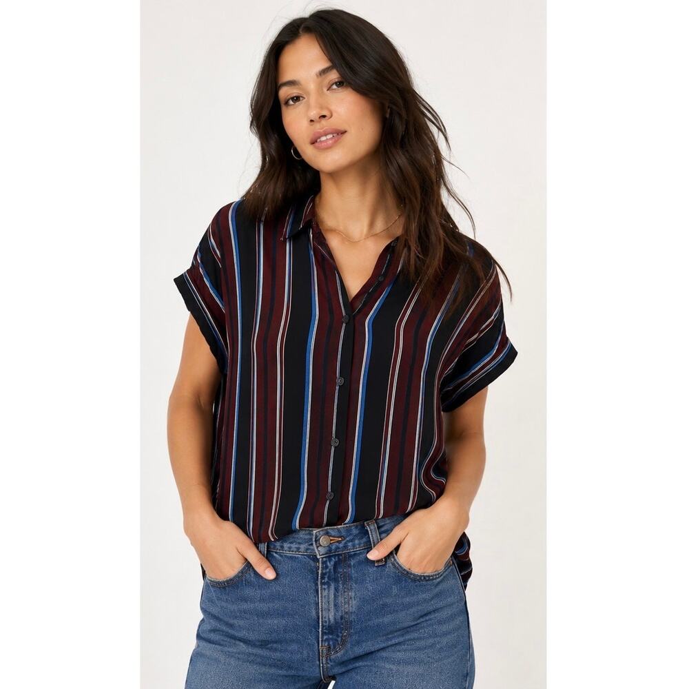 Women's Short Sleeve Button-Front Stripe Shirt - Black/Multi